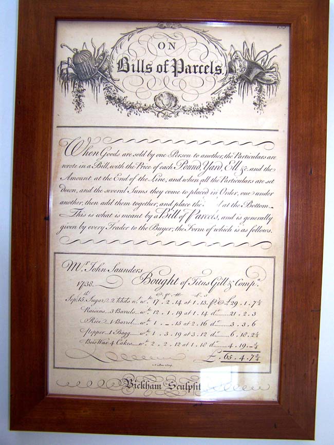 An 18th century engraving entitled "On Bills of Parcels" printed by George Bickham in 1741